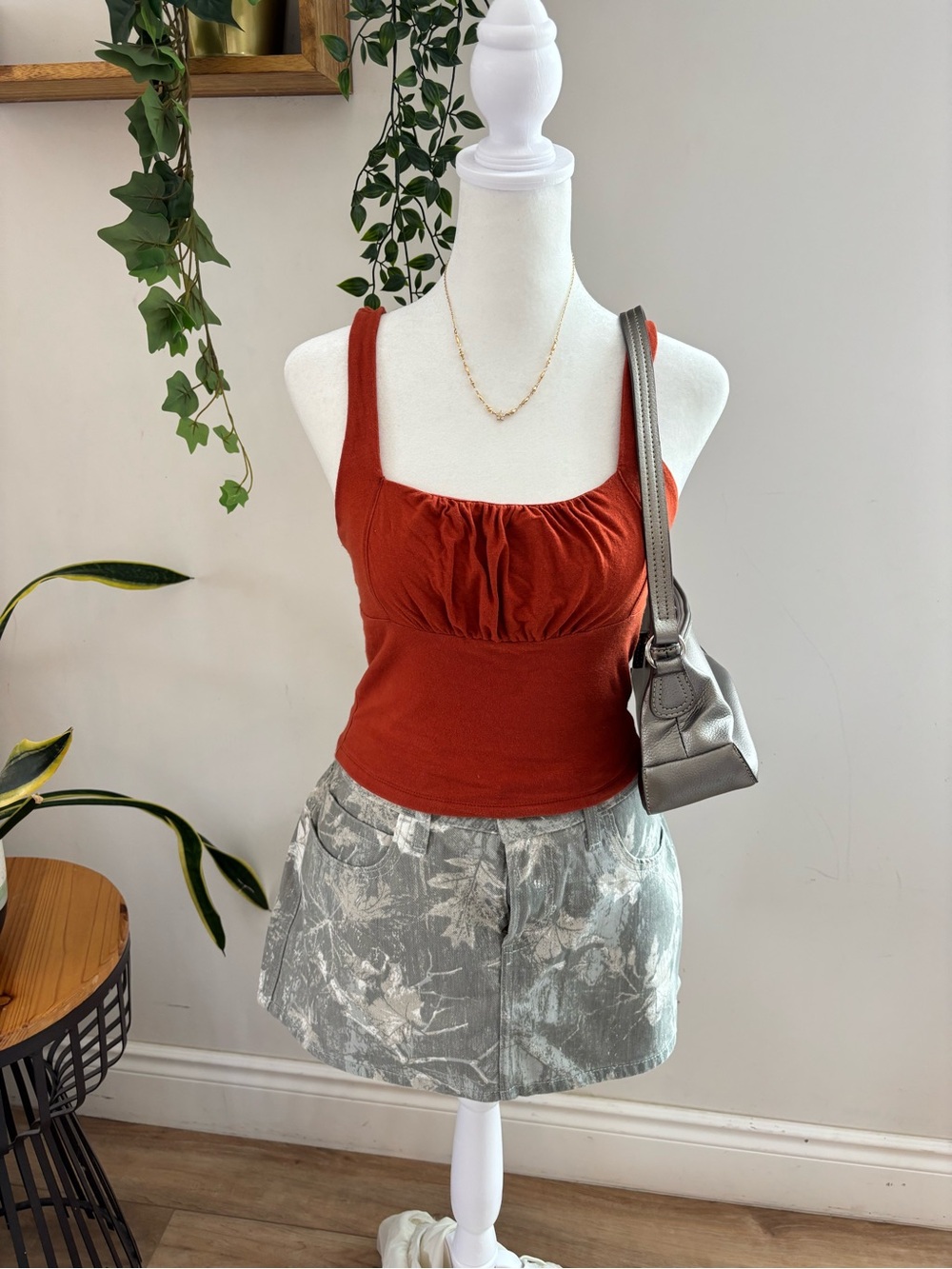Rust Red orange Ruched Square Neck Tank Top